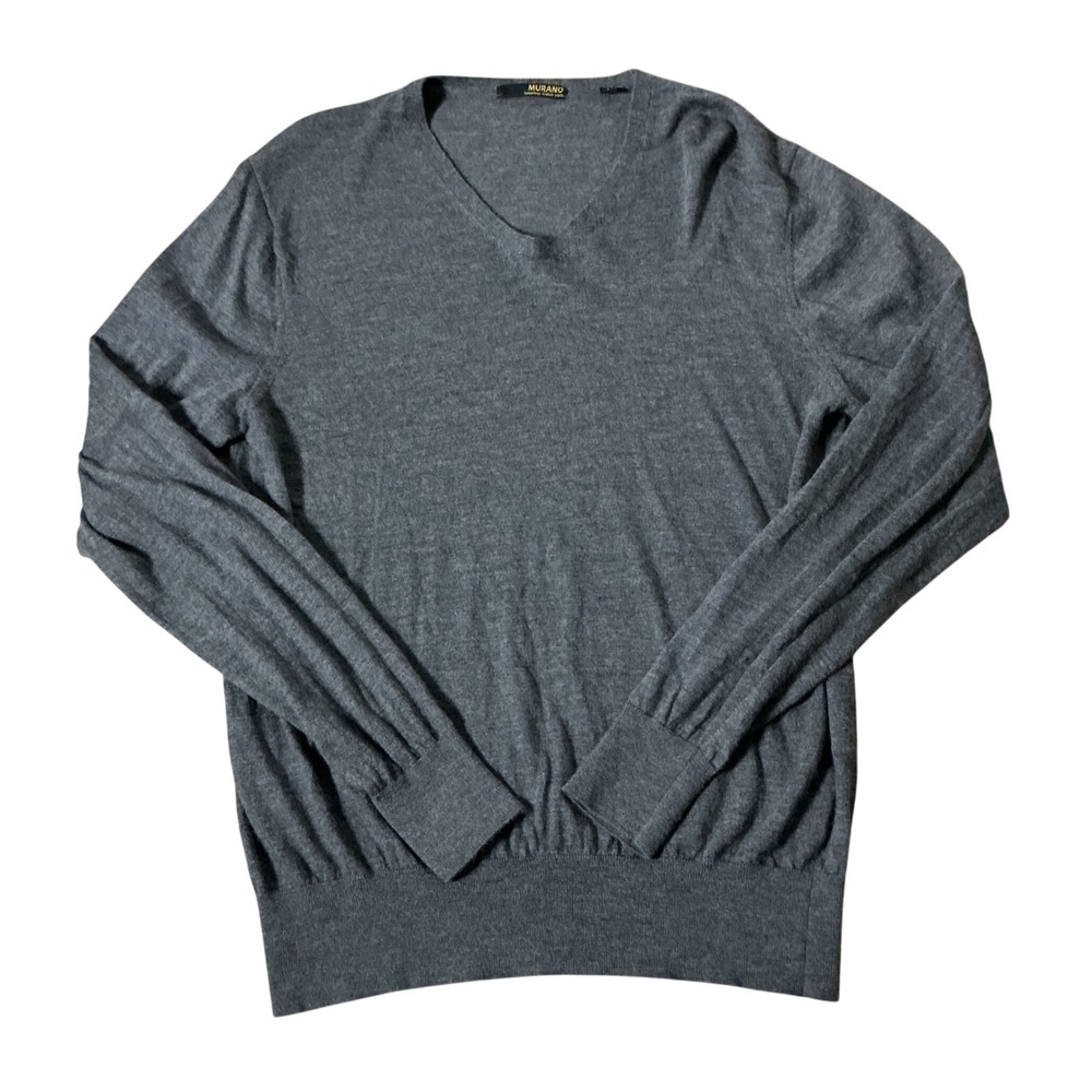 Murano Merino Wool V-Neck Sweater Mens Large Gray Lightweight Italian Yarn Knit